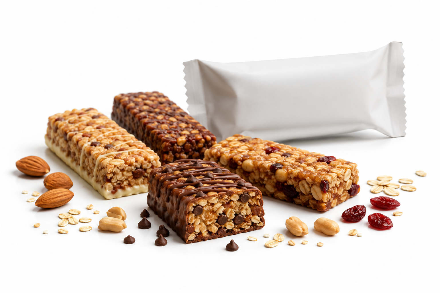 Nutrition bars moving through a clean, modern production line