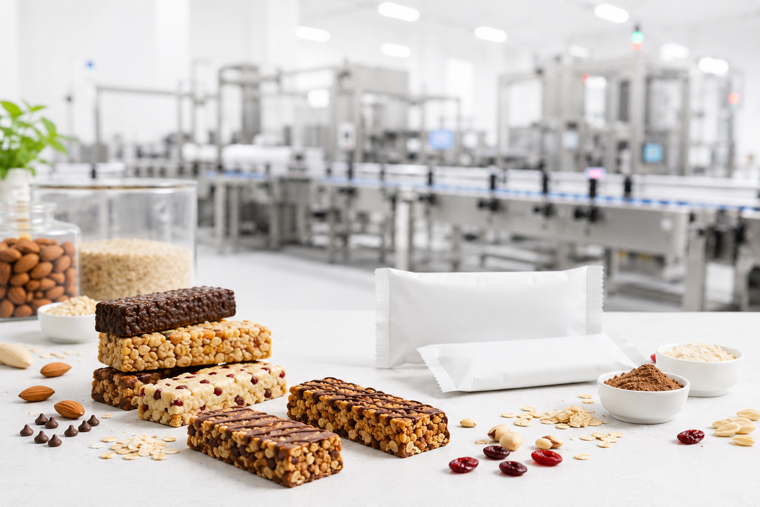 Close detail of nutrition bars in a modern manufacturing environment
