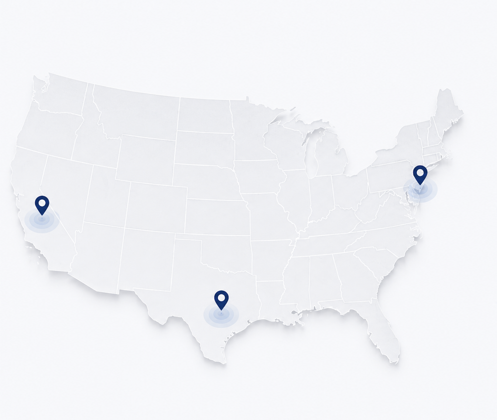 Decorative map of the United States highlighting New Jersey, California, and Texas as regions of operational coverage
